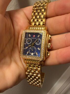 Michele Gold Bracelet Watch with Blue Dial and Diamond Bezel